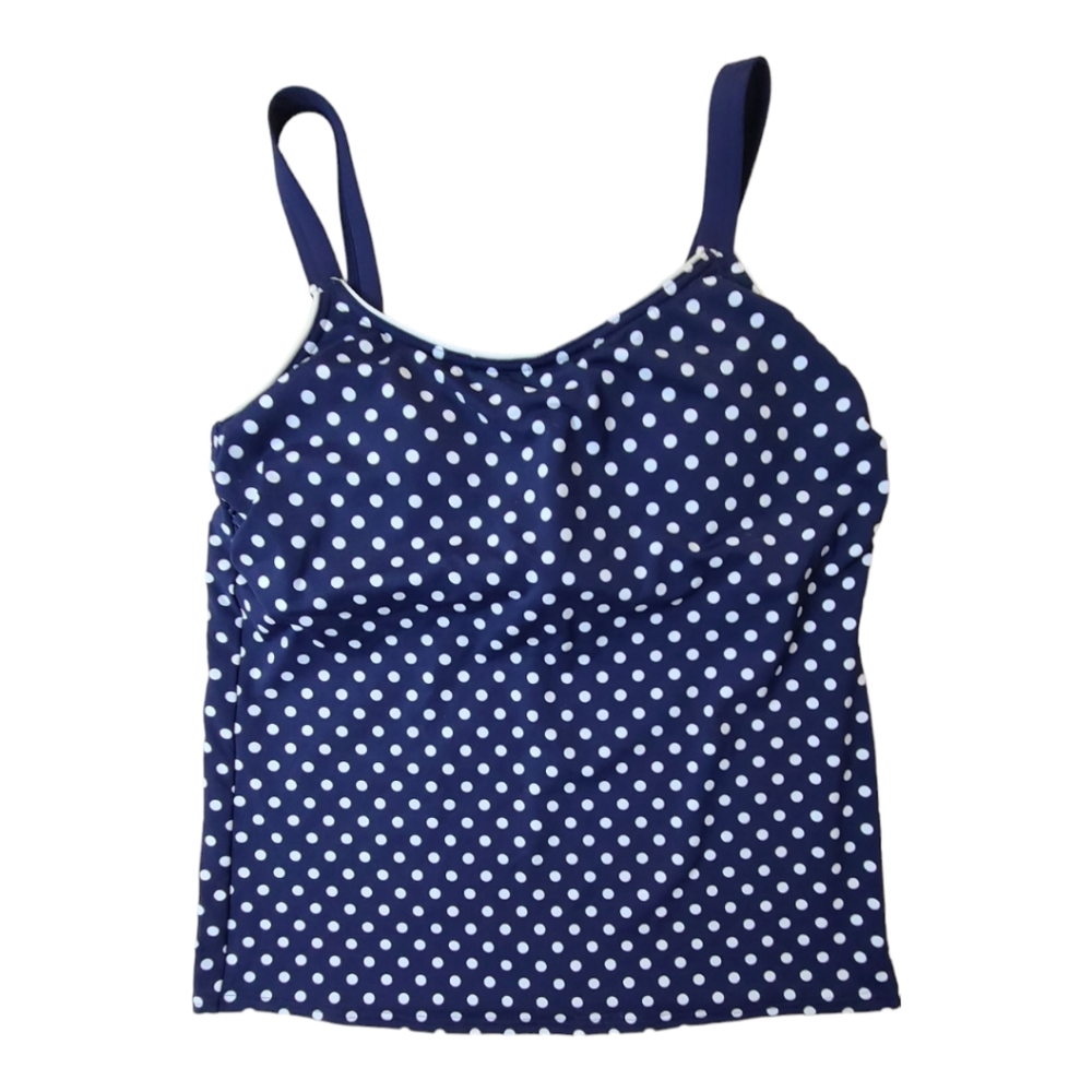 Lands' End Tankini Top Navy White Polka Dots 10 Long